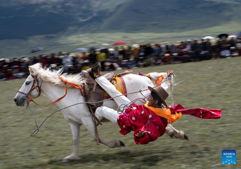 Seorang penunggang mempamerkan kemahirannya di sebuah balapan lumba kuda di Kaunti Litang, Wilayah Autonomi Tibet Garz, Provinsi Sichuan, barat daya China pada 30 Julai 2024. Satu acara lumba kuda membuka tirainya di Kaunti Litang pada Selasa, menarik penyertaan hampir 1,000 pengembala dari serata kaunti dalam pelbagai aktiviti. (Xinhua/Jiang Hongjing)