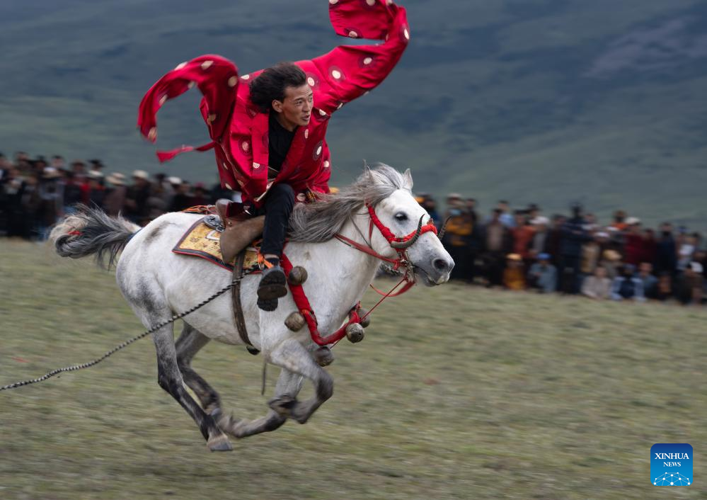 Seorang penunggang mempamerkan kemahirannya di sebuah balapan lumba kuda di Kaunti Litang, Wilayah Autonomi Tibet Garz, Provinsi Sichuan, barat daya China pada 30 Julai 2024. Satu acara lumba kuda membuka tirainya di Kaunti Litang pada Selasa, menarik penyertaan hampir 1,000 pengembala dari serata kaunti dalam pelbagai aktiviti. (Xinhua/Jiang Hongjing)